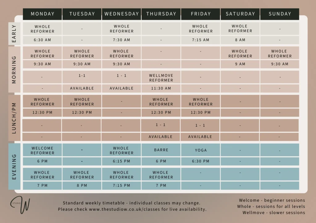 Studio W Timetable updated May 2026