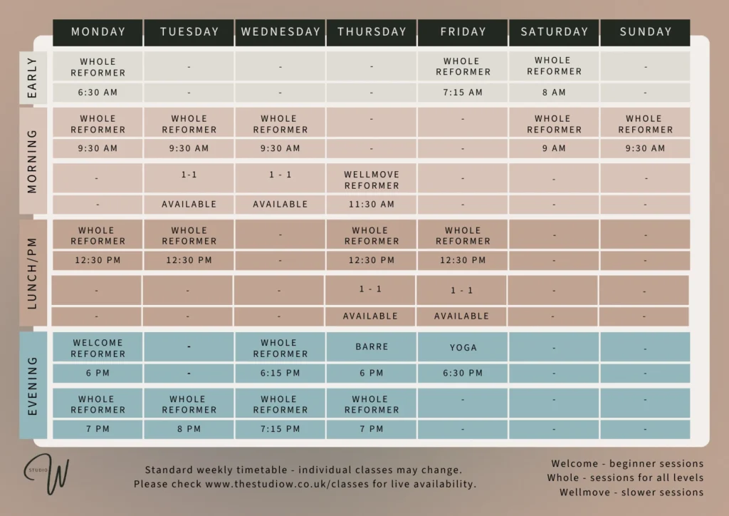 Studio W timetable for Reformer Pilates, Yoga and Barre