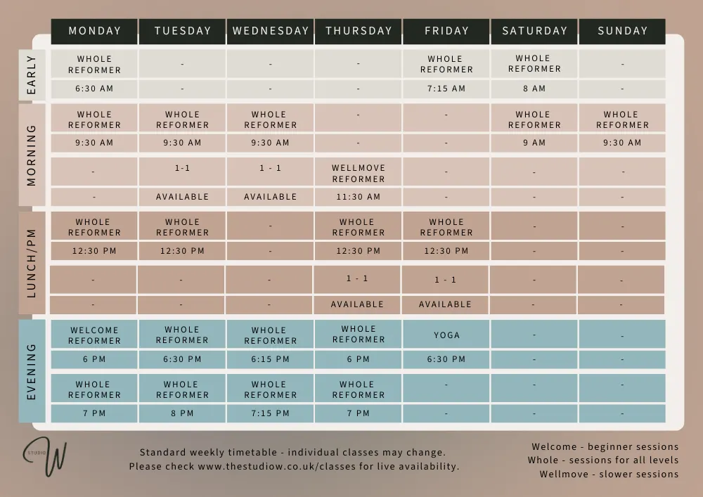Studio W Timetable last updated July 2026